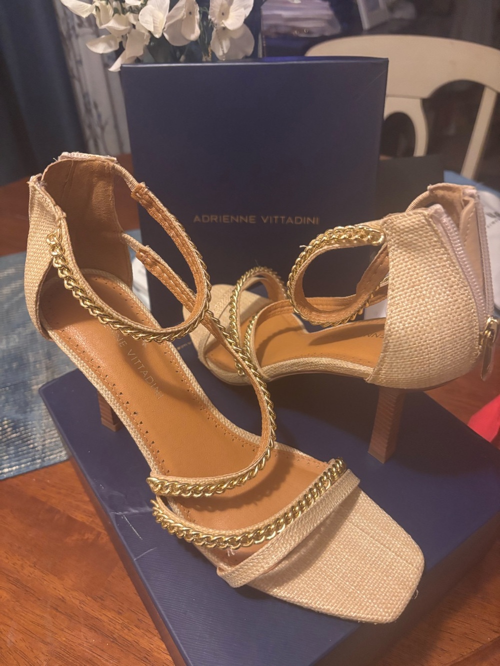 Adrienne Vittadini Beige Heeled Sandals with Gold Chain Accents